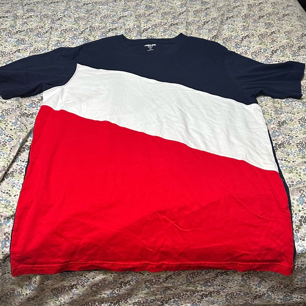 Lands End T Shirt Mens Large Red Blue Stripe Super Tee Soft Lounge